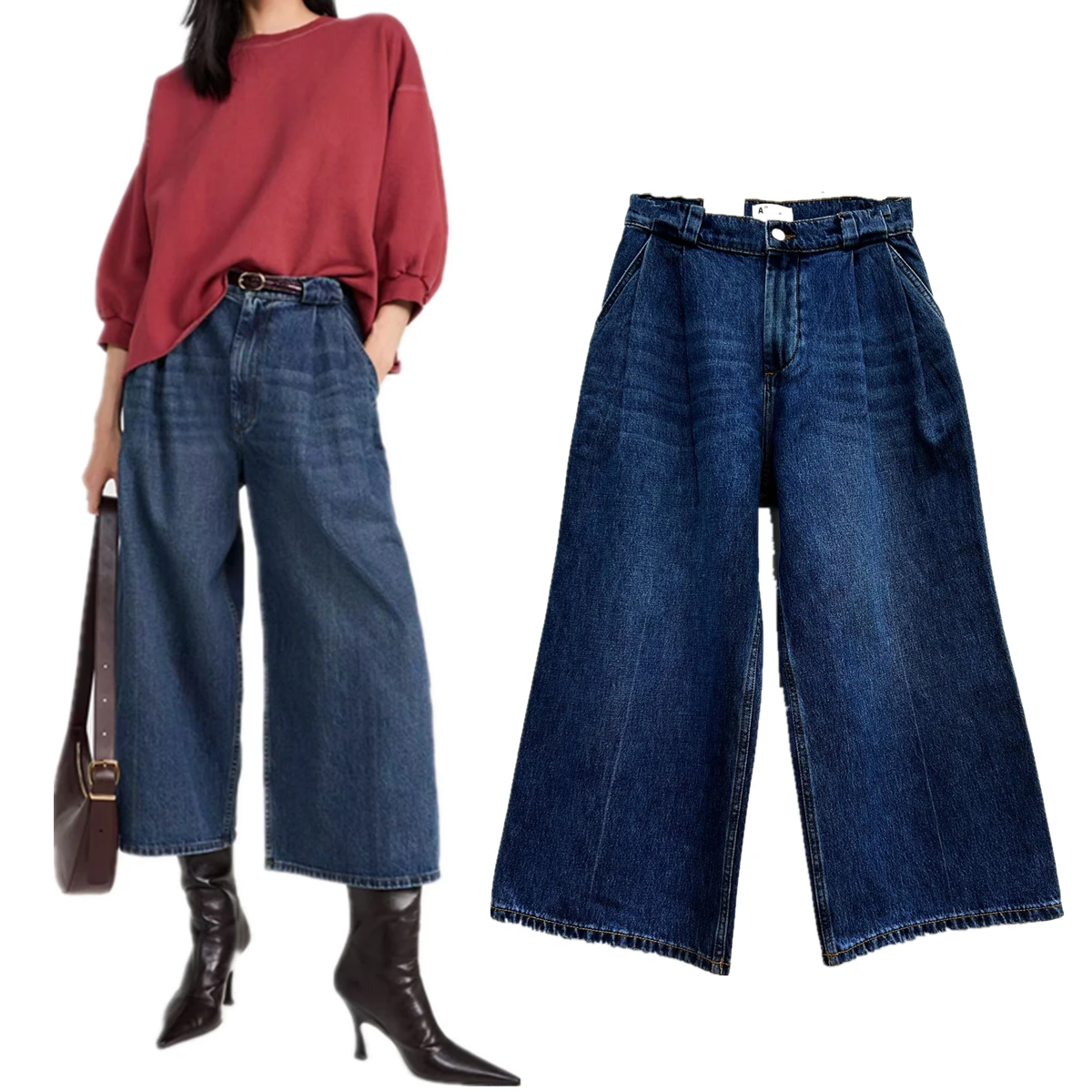 

Dave&Di Minimalist Women's Blue Wide Leg Denim Pants French Retro High Waisted Pleated Loose Cropped Jeans Wide Leg Jeans Women