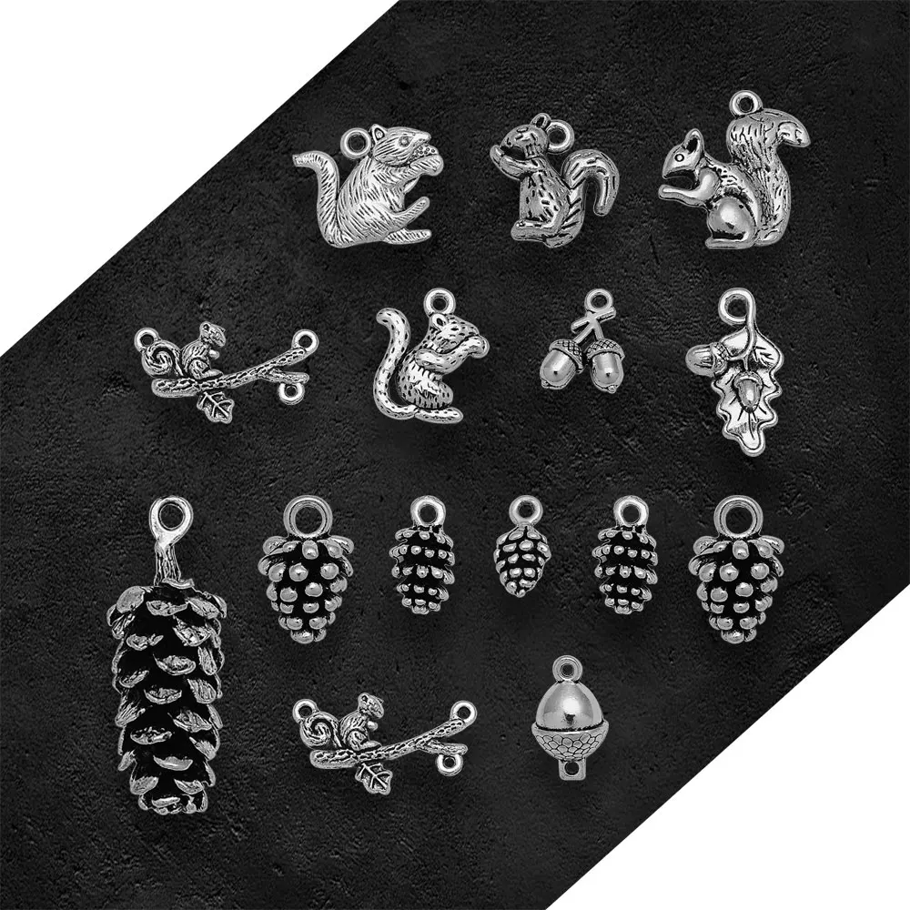 Antique Silver Plated Christmas Squirrel Charms Xmas Pine Nut Acorn Pendants For Diy Earring Jewelry Making Supplies Accessories