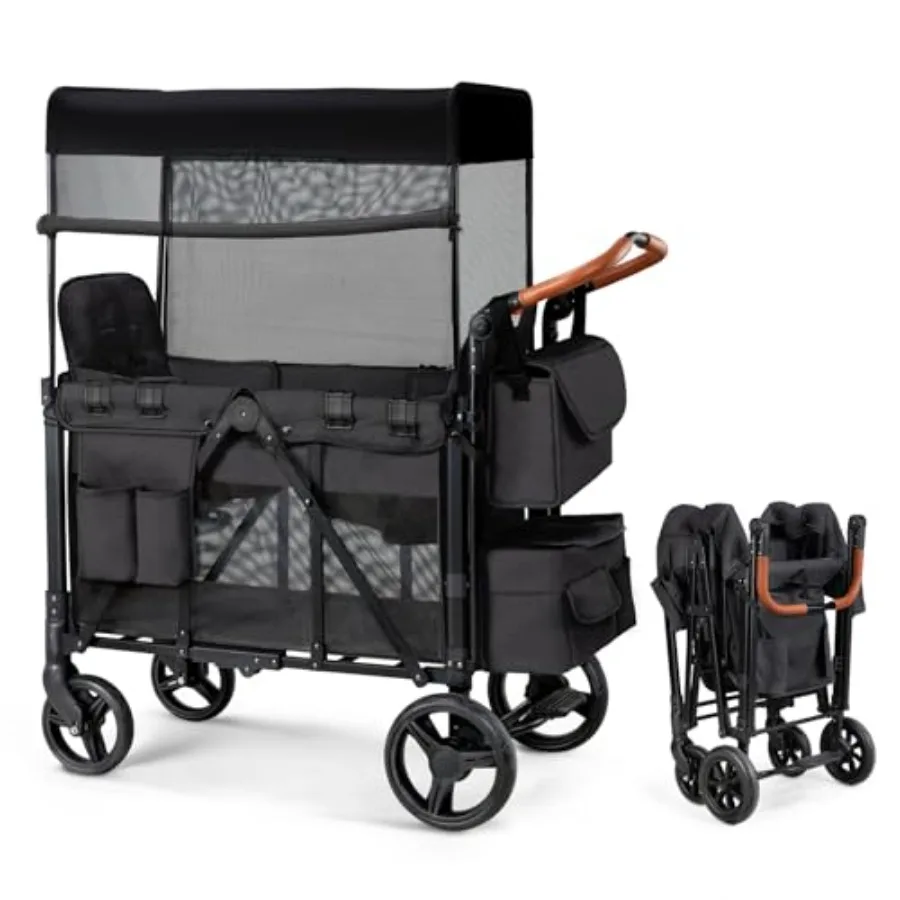 

Складная тележка с 2-мя вседорожными колесами, амортизацией, 5-точечными ремнями безопасности, съемным тентом, вместительной сумкой для хранения, черная