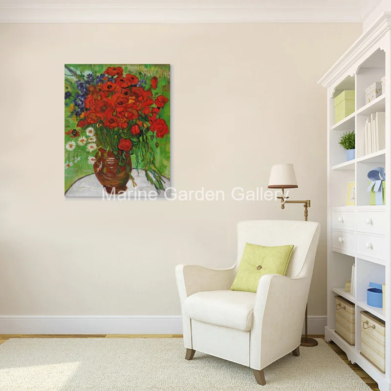Textured Framed Van Gogh Oil Painting Hand Painted Roses Poppies Impressionism Flowers Canvas Art Modern Wall Decor for Bedroom
