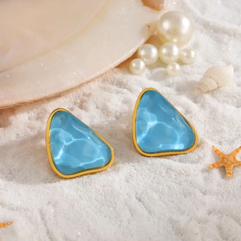 Triangle Stainless Steel Earring Ring Beach Vacation Style Personality Blue Sparkling Ornament Suit Wholesale