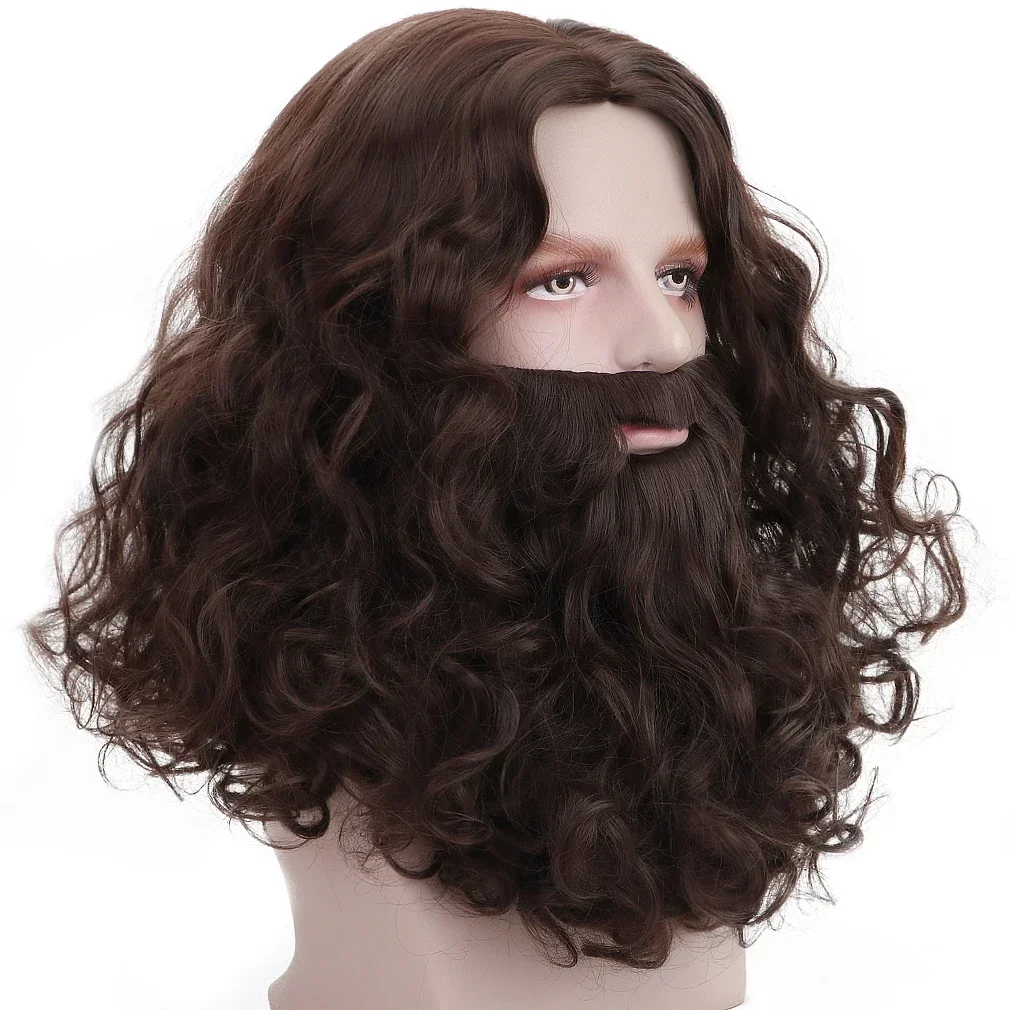 Christmas Man Hair Accessory Brown Wig And Beard Set Adult Curly Heat Resist Cosplay Costume Party Halloween Carnival