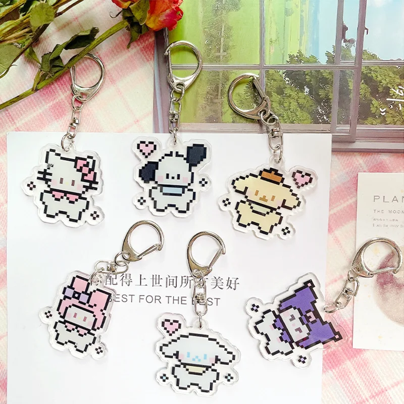 

Hot Anime Sanrio HelloKittys Pixel Style Keychain for Couple Festival Gifts Pochacco Cartoon Decorated Bag Pendant Accessories