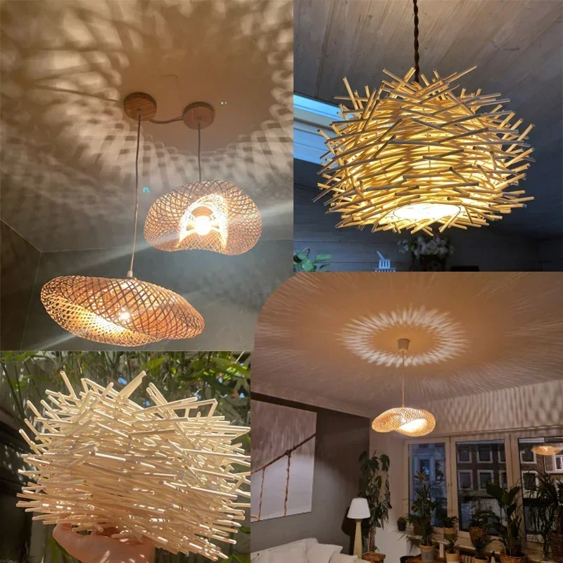 

With LED Bulb Bamboo Wood Pendant Light Ceiling Lamp Rattan Wicker Lustre Chandelier Suspended Hand Home Living Bed Room Decor