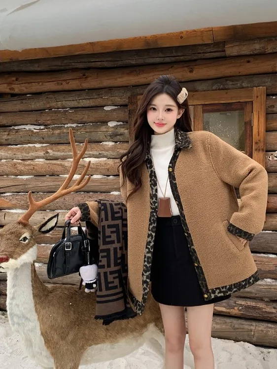 

plus Size Warm Thiened Woolen Coat Women's Autumn Winter New Sle Loose Match All Leopard Print Outerwear Korean Sle