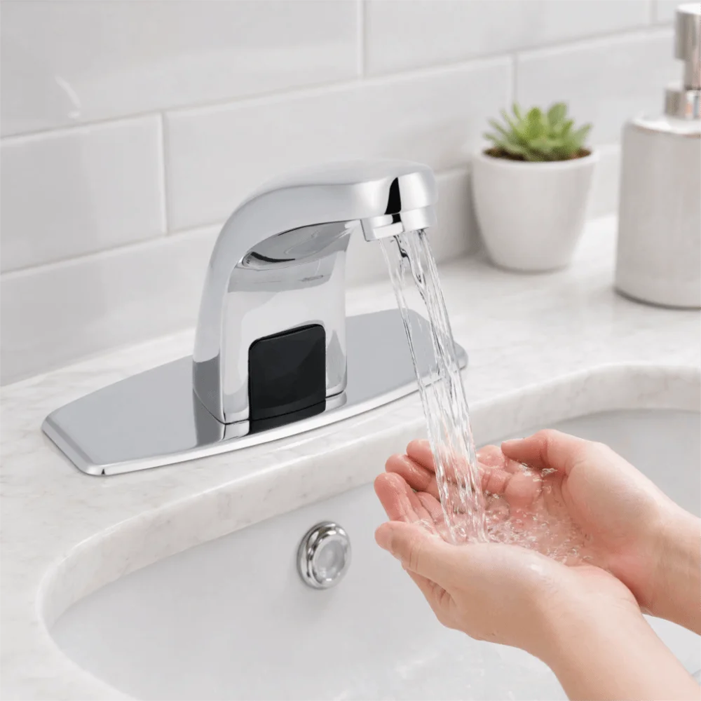 Single Cold Water Motion Sensor Faucet Battery Operated PVD Plating Infrared Faucet with Control Box Touchless Bathroom Faucet