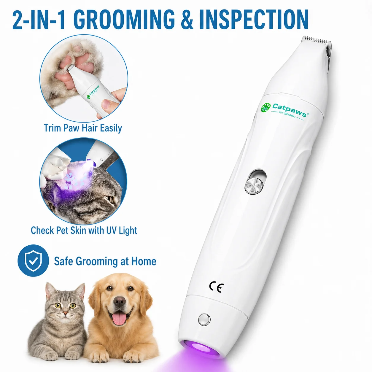 

2-IN-1 Pet Paw Trimmer with UV Light - Quiet & USB Rechargeable Grooming Tool for Cats & Dogs,Hair & Skin Inspection