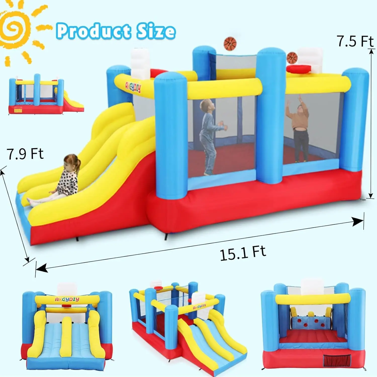 Inflatable Bounce House, Outdoor Indoor Bouncy House with Blower for Kids, Sports Ball Game Theme Park Bouncer w/Double Slide, L