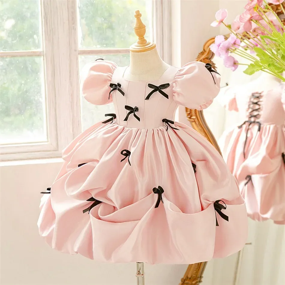 Bow Party Girls Dress Elegant Fold Wedding BirthdayPrincess Prom Dresses for Girl Gala Bridesmaids Evening Kids Clothing ASQ03