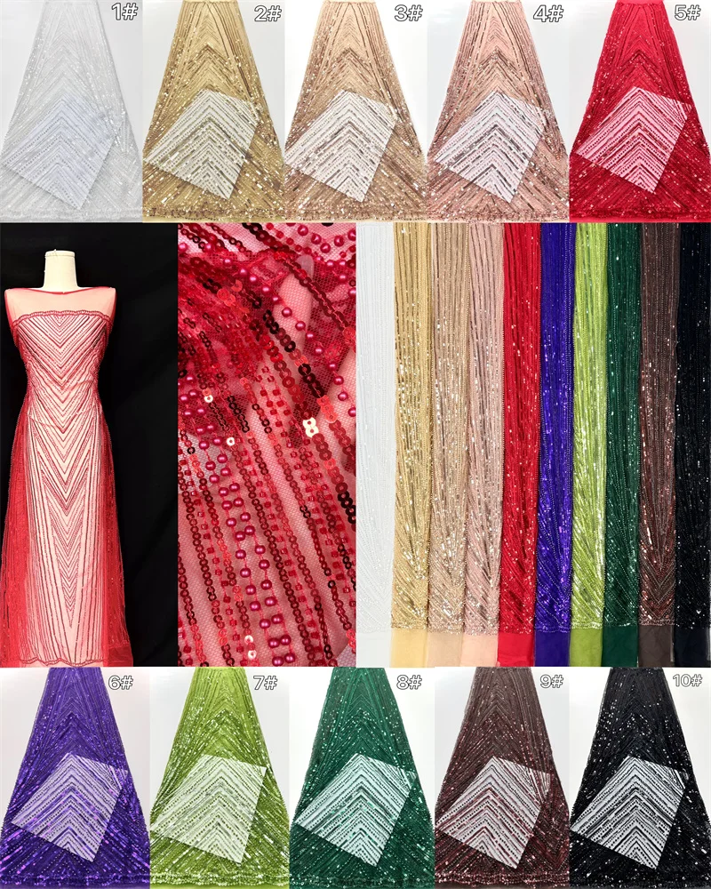 Vermelho africano 3d lantejoulas frisado tecidos de renda 2025 alta qualidade bordado francês nigeriano tecido renda para material costura casamento