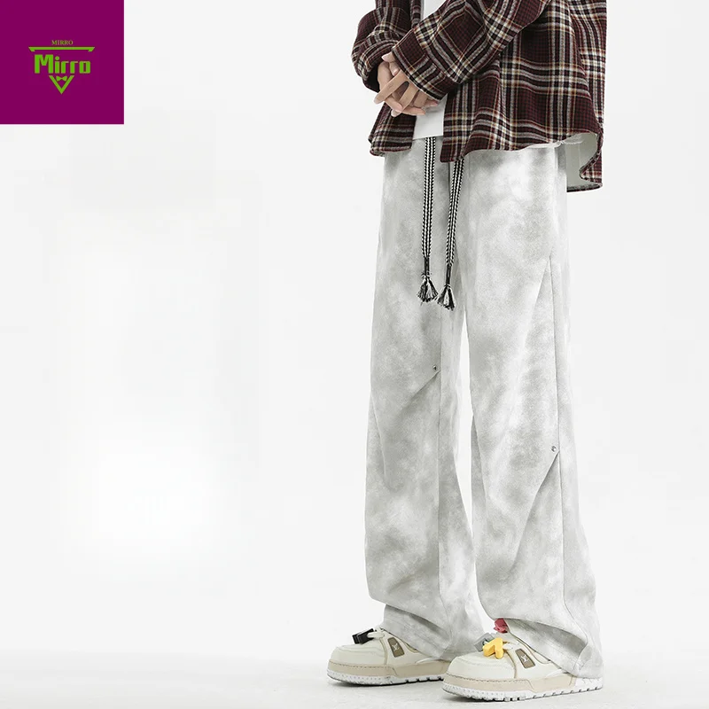 

【Mirrordust】2025 Ropa Y2K Grunge Dirty Streetwear Белые мешковатые брюки для мужчин Широкие длинные брюки Pantalones Hombre
