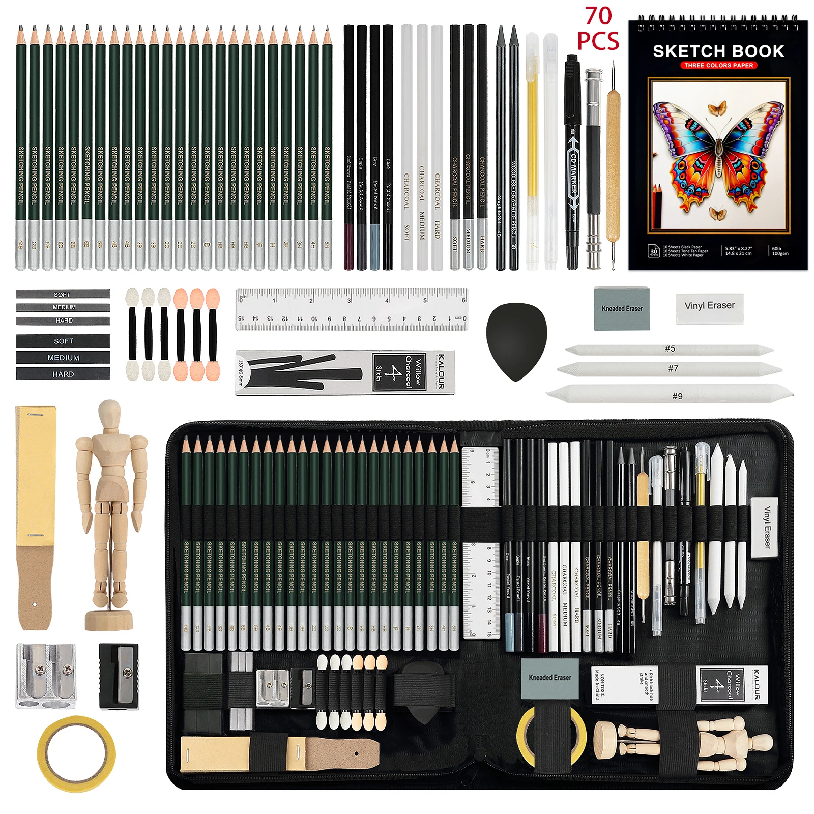 20/54/58/70/144 Drawing And Sketching Kit | Portable Travel Case | Graphite, Charcoal, White Color | Featuring Blending Stump