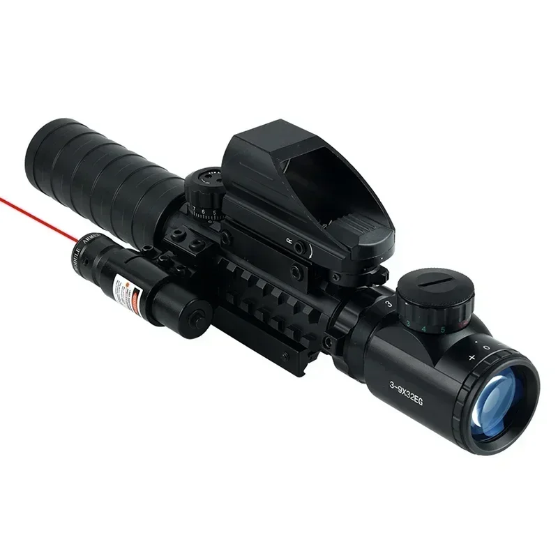 3-9x32 Tactical Red/Green Reticle Riflescope with Red Laser Combo Scope Reflex Holographic Dot Sight Hunting Shooting Optical