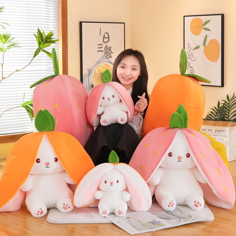 Kawaii Plush Rabbit Strawberry Stuffed Animal Bunny Inside Carrot Rabbit In Strawberry Carrot Fruit Toy Hare Soft Gifts For Kids