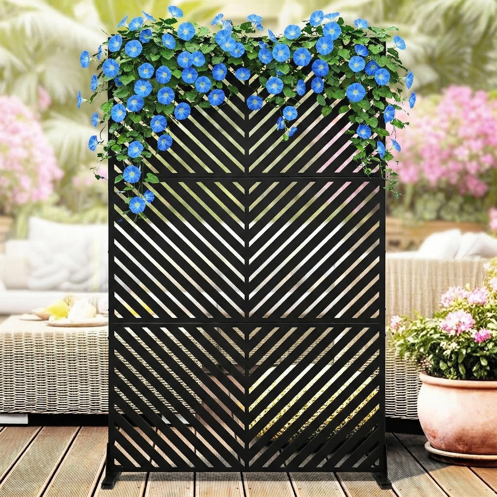 Paravent d’intimité en acier inoxydable, 198 x 122 cm (78 x 48 pouces), panneau de clôture décoratif autoportant avec support, séparateur moderne résistant aux intempéries, découpe au laser, rayures noires, pour terrasse, jardin, balcon, unité de climatisation et couvercle de poubelle.