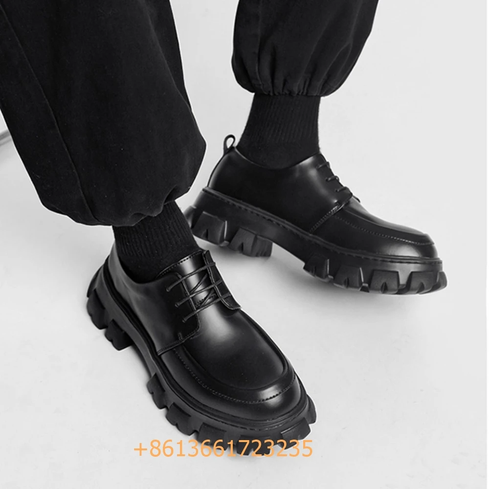 

Round Toe Shoes for Men Lace Up Genuine Leather Black Casual Shoes Thick Sole Heightening Small Leather Shoes Dress Trendy Shoes