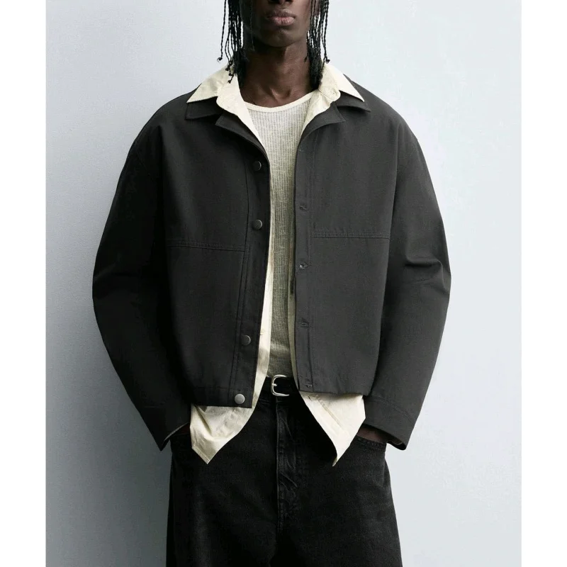 

Autumn New Men's Cotton Blend ort Sve Long irt Jaet Canvas Texture Stand Fit Polyester Fiber Youth Outerwear