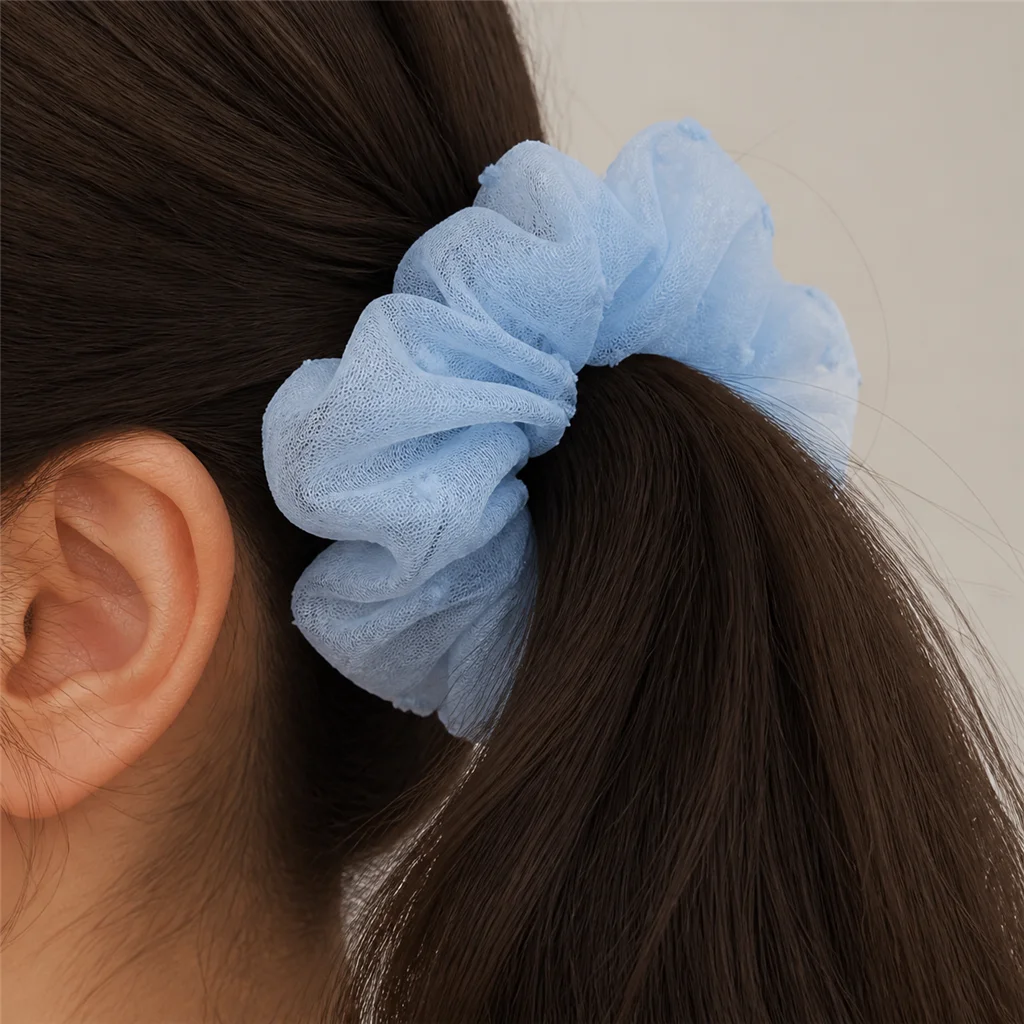 Powder Blue Flocked Dot Sheer Single-Layer Scrunchie Oversized Handmade Organza-Like Hair Tie for Women 3