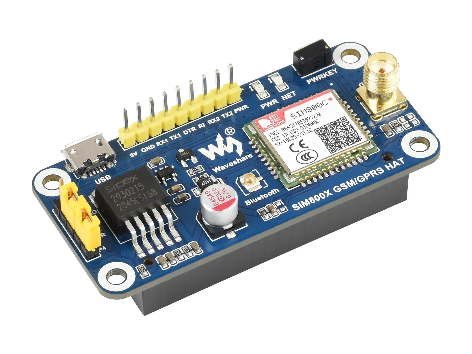 SIM800C GSM/GPRS/Bluetooth HAT For Raspberry Pi 2G Communication,Bluetooth Data Transmission,Supports SMS,GPRS,DTMF,HTTP etc.