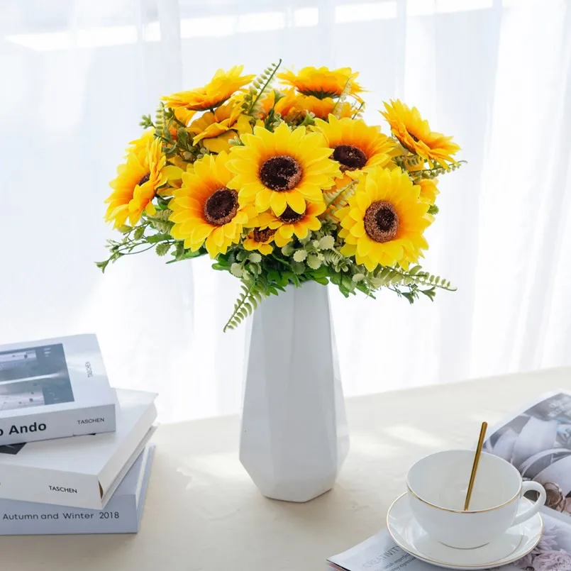 7 künstliche Blumenköpfe aus Seide, Sonnenblume, Hochzeits-Brautstrauß, Festdekoration, Heimdekoration, Garten, Wanddekoration, DIY-Geschenk – Detail 6