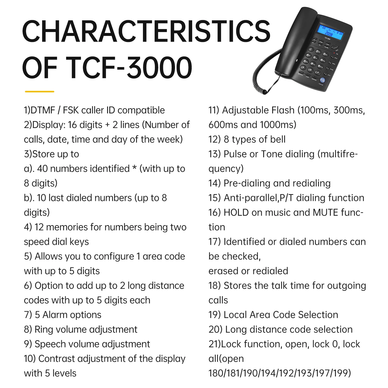 Tcf3000 Black Corded Telefoon Met Geheugensleutel Vaste Telefoon Telefoon Ondersteuning Handsfree/Opnieuw Kiezen/Flash/Speed Dial/Ring Volume