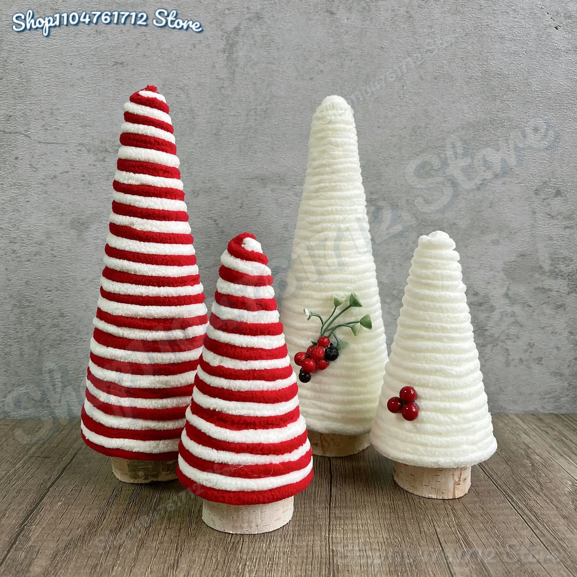 

2PCS Plush Yarn Christmas Tree Ornament with Red Berries - Tabletop Fireplace Party Decor Decoration