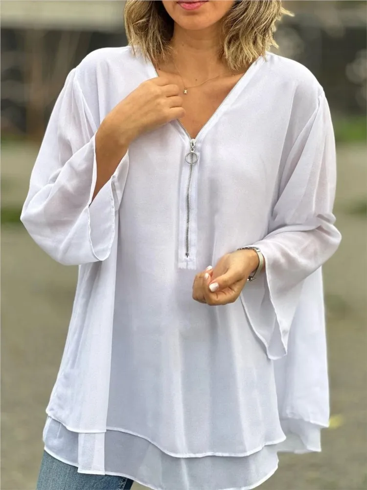 Autumn Casual Oversize Chiffon Women Tops Fashion Solid Color V-neck Zippers Three-quarter Sleeves Top Elegant Ladies Clothes