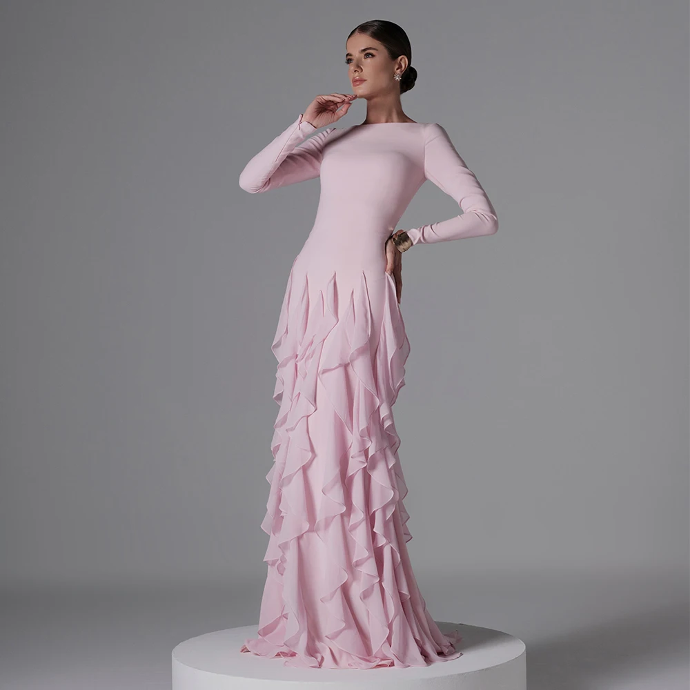 Customized Modest Formal Evening Dress Boat Neck Long Sleeves Women's Evening Gowns Ruffles Mermaid Pink Wedding Guest Dresses