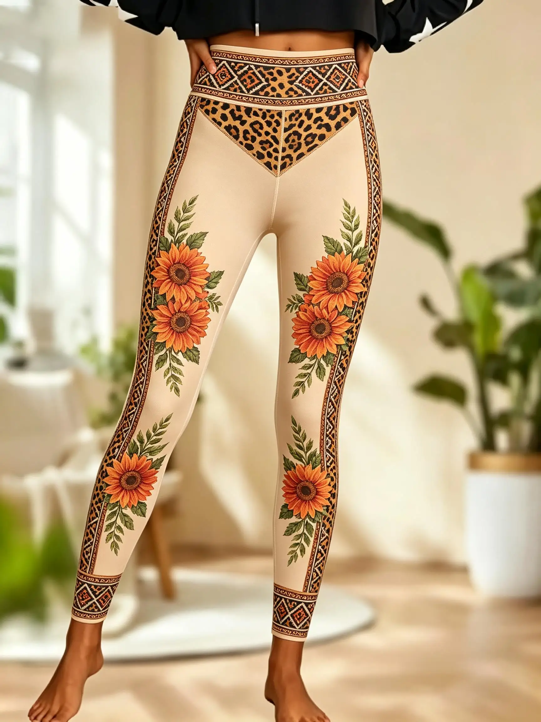 Women Fleece‑lined Mid‑rise Leggings Brown Leopard Waistband Red Rose Floral Vine Tribal Border Print Slim Stretch  Casual Pants - view 4