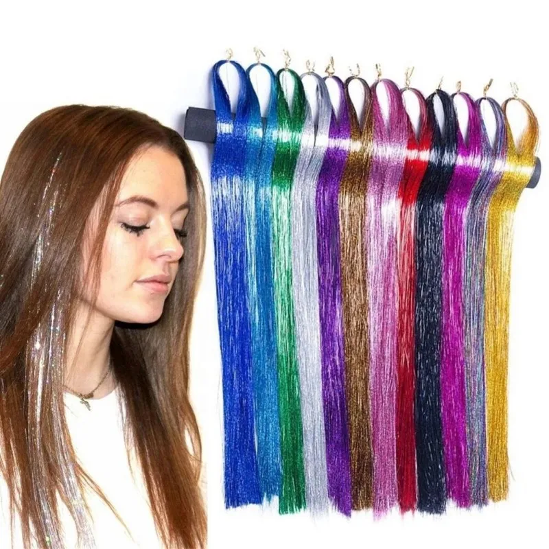 8pack (1200-1800Roots) 37inch Sparkle Colorful Tinsel Hair PET Laser Hair Silk Extensions Rainbow Girl Headwear Glitter Strips