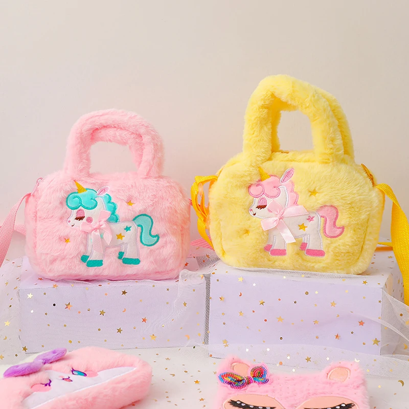 Kid Embroidery Unicorn Plush Crossbody Purses And Handbags Little Girls Rainbow Fluffy Purse Cute Cartoon Furry Shoulder Bag