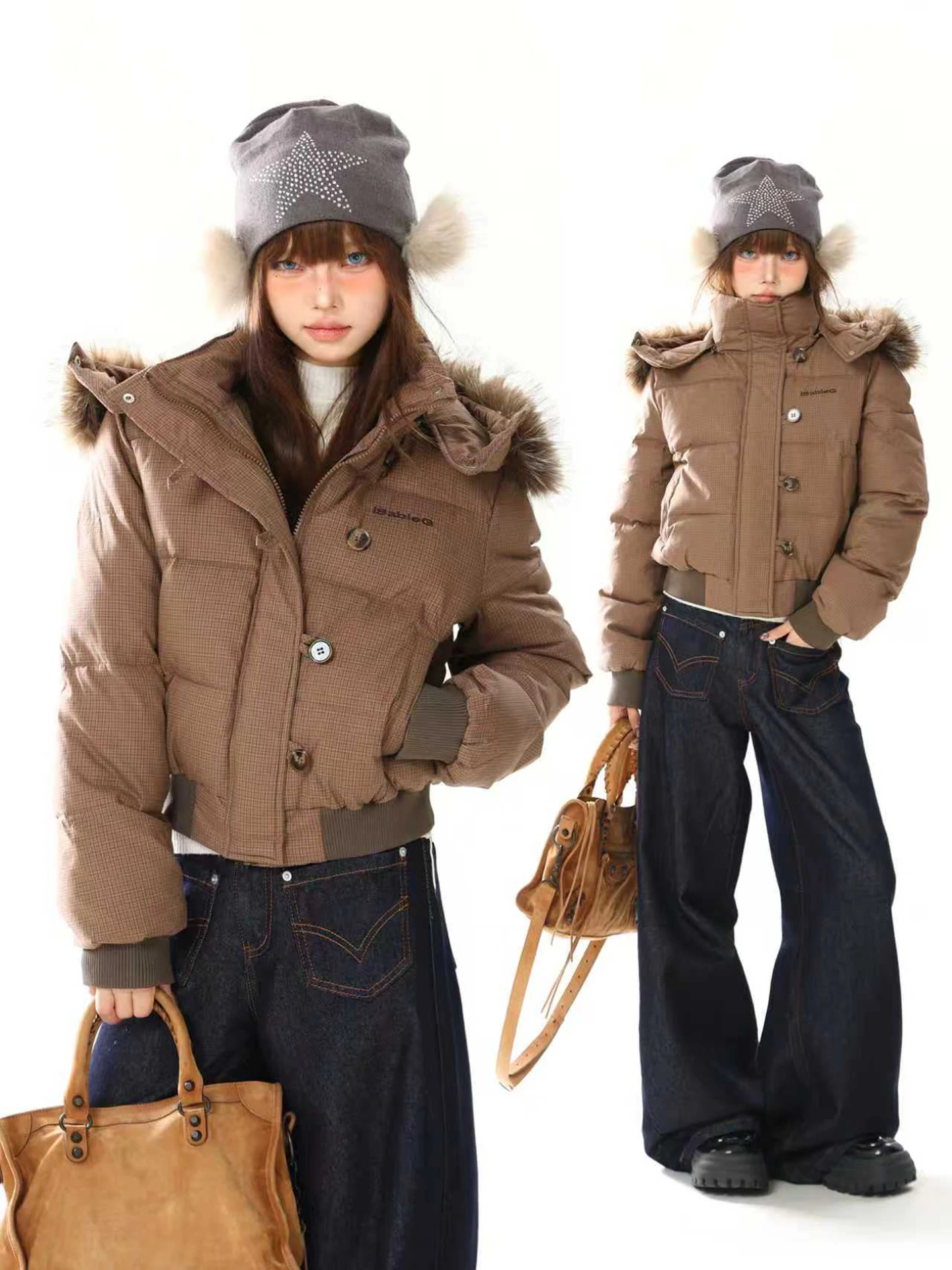 

Retro American Sle ort Plaid Cotton Jaet Women's Winter Coat with Fur Collar And Hat Korean Bread Sle Commute Clothes