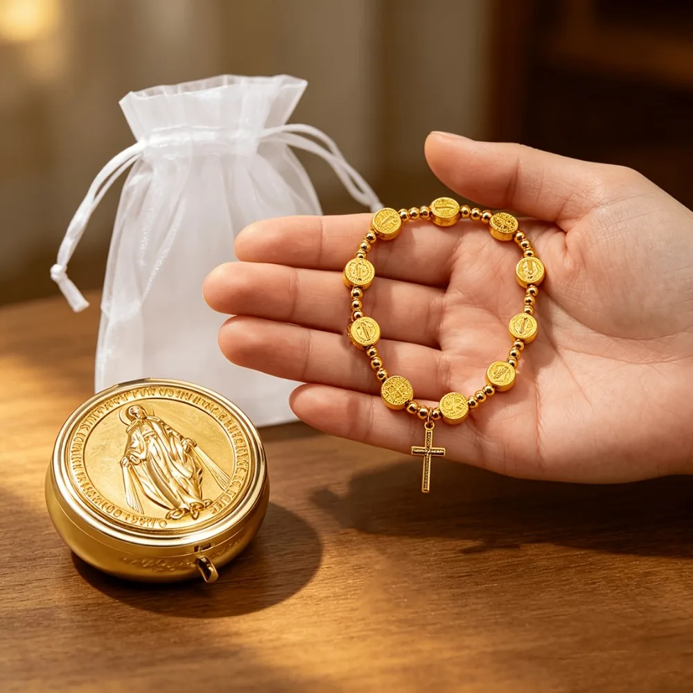 1-5 Sets Religious Gold Rosary Box & Bracelet with Organza Bag, Virgin Mary Stretch Bracelet Cross Pendant, Church Baptism Gift