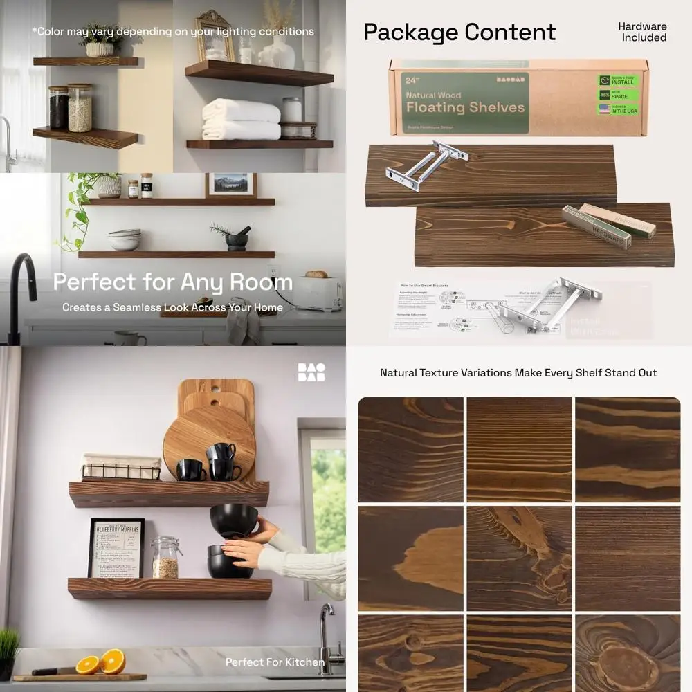 

Set of 2 Rustic Wood Floating Shelves - 24 Wide for Wall Mounting in Living Room, Bedroom, Kitchen, or Bathroom - Dark Walnut Fi