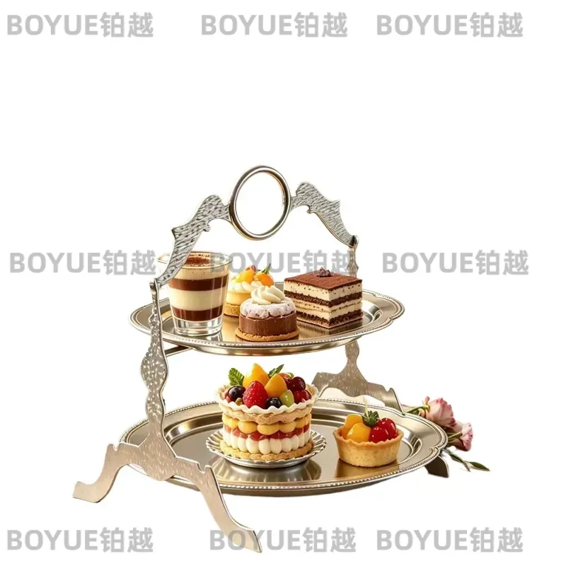 French Court Style Stainless Steel Double Tier Dessert Stand Luxury Macaron Display Tray for Banquet Western Restaurant