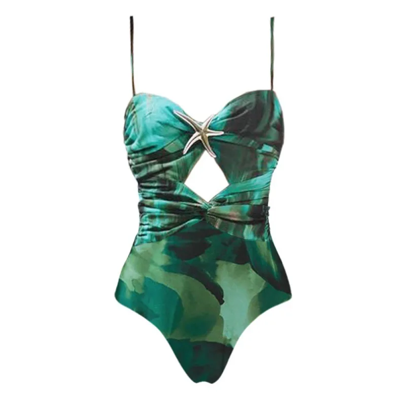 2025 nuevo traje de baño con estampado de lavado de tinta verde, traje de baño de una pieza calado y falda de paraguas dividida, conjunto de estación para mujer, ropa de playa