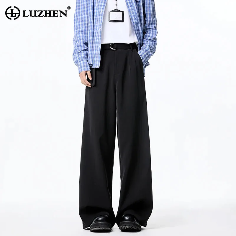 

LUZHEN 2025 Winter New Thickened Fleece Liner Loose Wide Leg Trousers Men's Stylish Elegant Solid Color Male Casual Pants JY5228