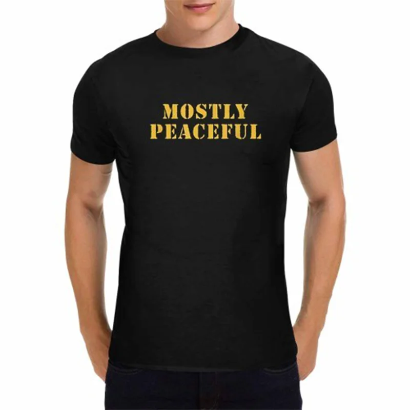 

Men's Black Crew Neck T-Shirt Mostly Peaceful Text T-Shirt WHX 180g
