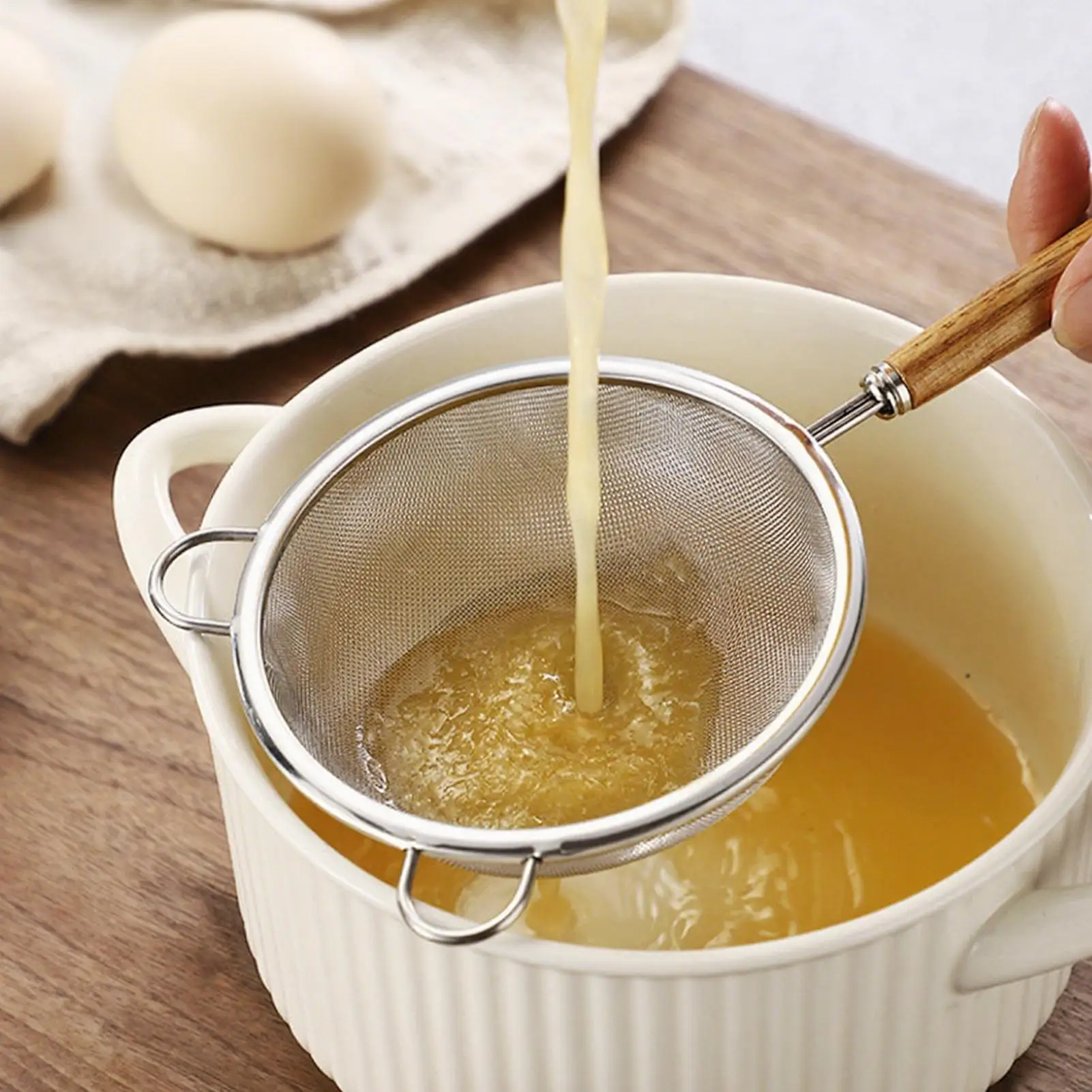 

Kitchen Strainer Colander with Hanging Ears Stainless Steel Flour Sieve Noodle Drainer Oil Frying Skimmer Scoop Kitchenware