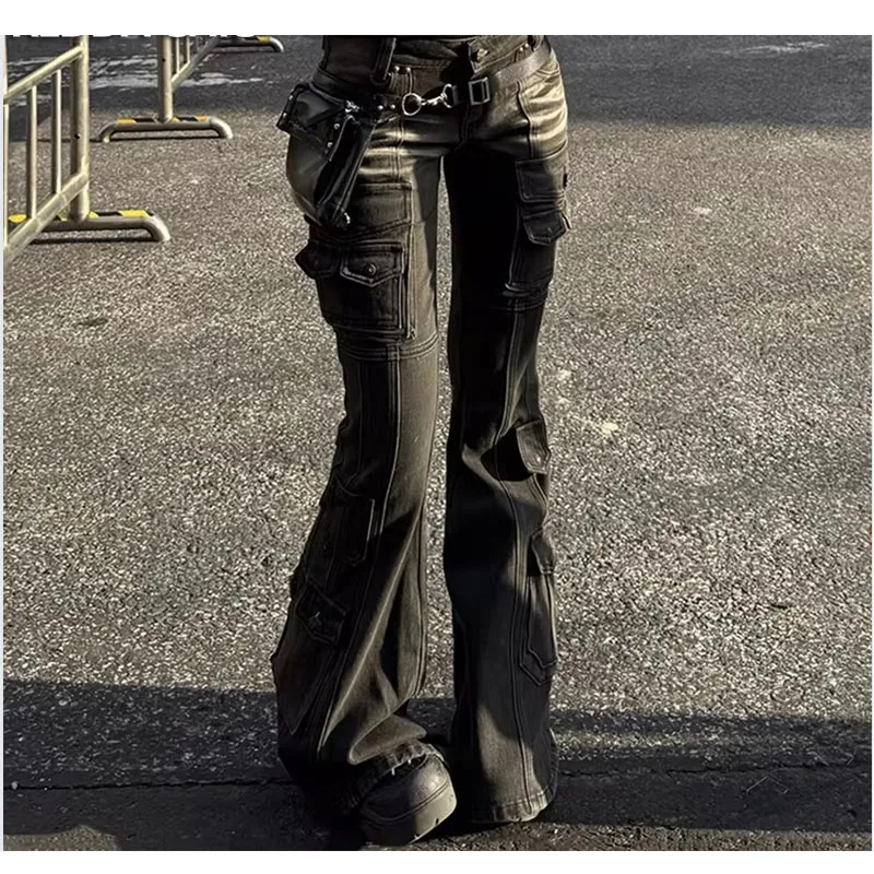 

Black Low Waist Cargo Jeans 2000s Distressed Whiskers Multi-pocket Stretch Bootcut Pants Women Retro Grunge Streetwear