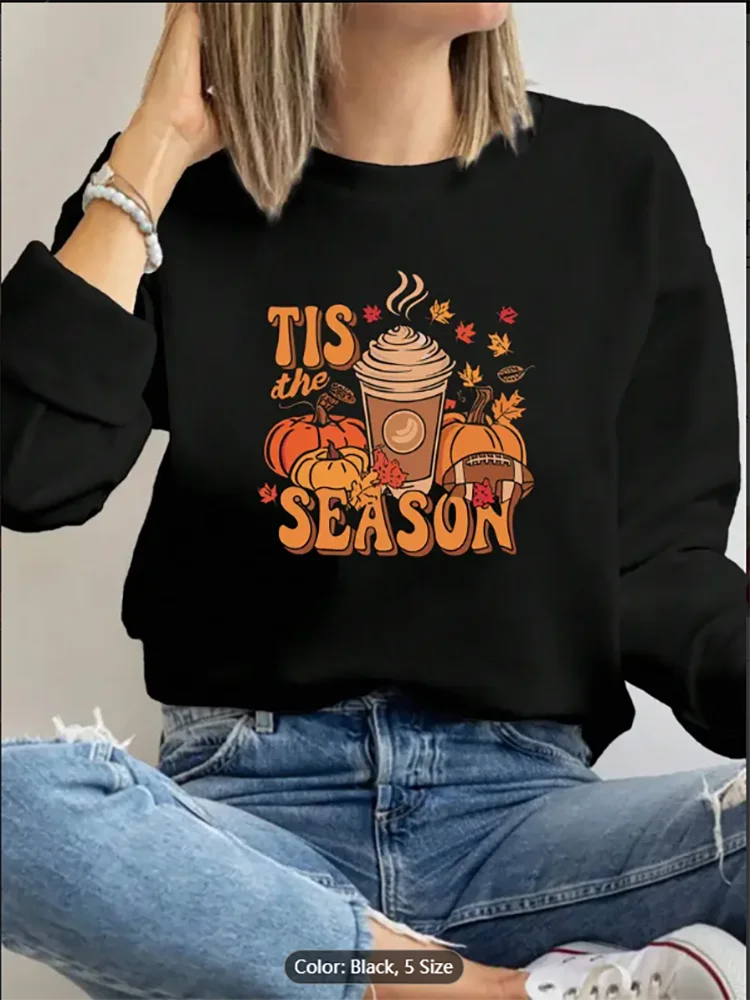

Women'S Cozy Pumpkin Coffee Graphic Crew Neck Sweatshirt - Casual Long Sleeve Pullover with Autumn-Themed Design Durable Fabric