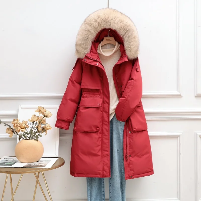 

Fox X-Long Natural 2023 New Fur Hooded Winter Women Jacket 90% White Duck Down Korean Coats Women Real Fur Down Parka Streetwear