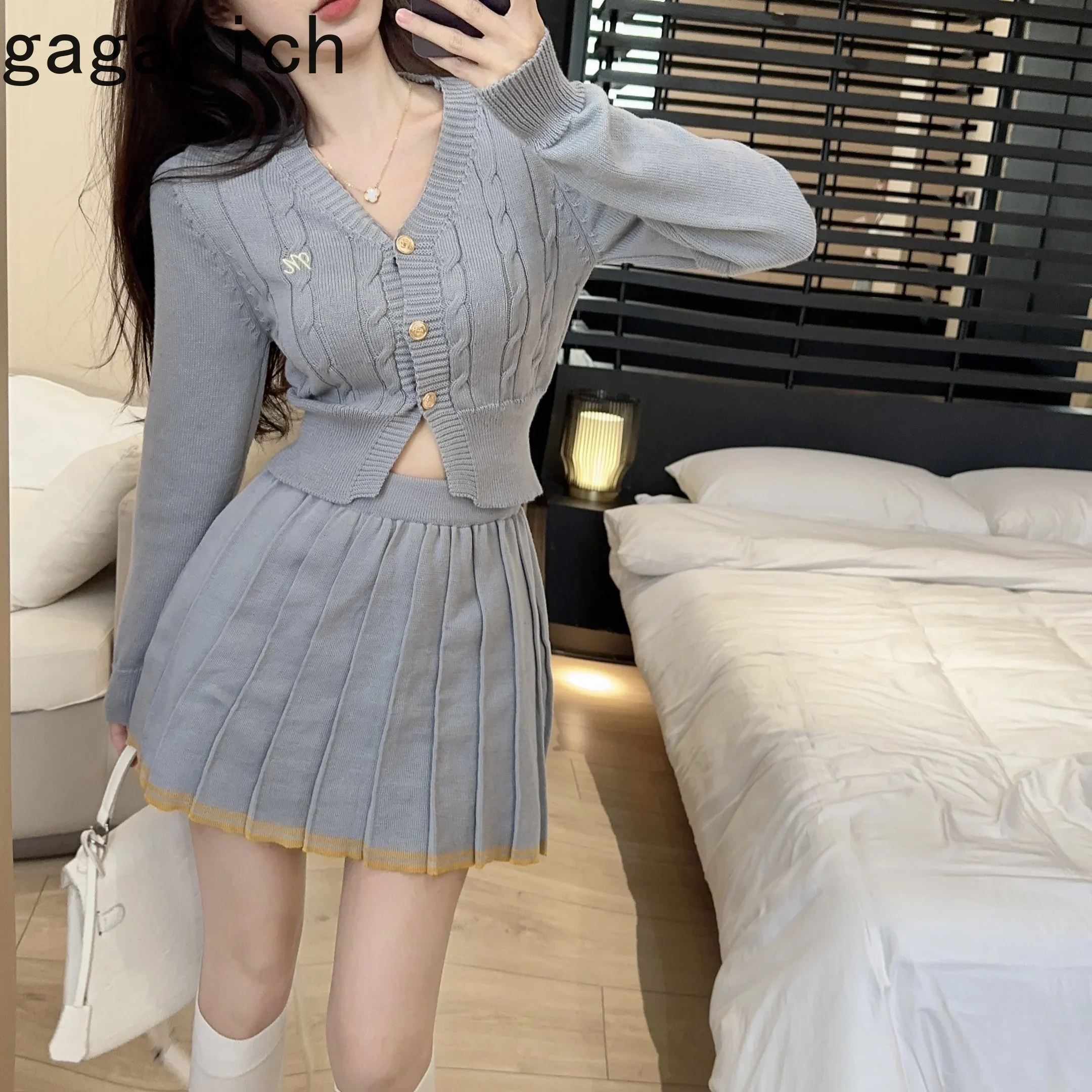 Gagarich Elegant Solid Knitt Suit Woman Gentle V-neck Single Breast Twist Puff Sleeves Cardigan High Waist Pleated A-line Skirt