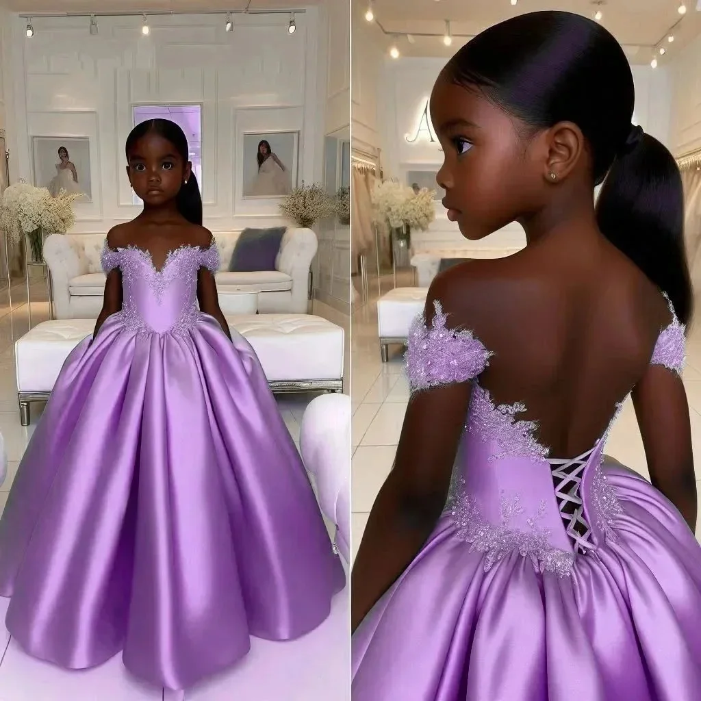 Satin Customized Flower Girl Dress For Wedding Off Shoulder Lace Appliqué With Corset Back Design Birthday First Communion Gown