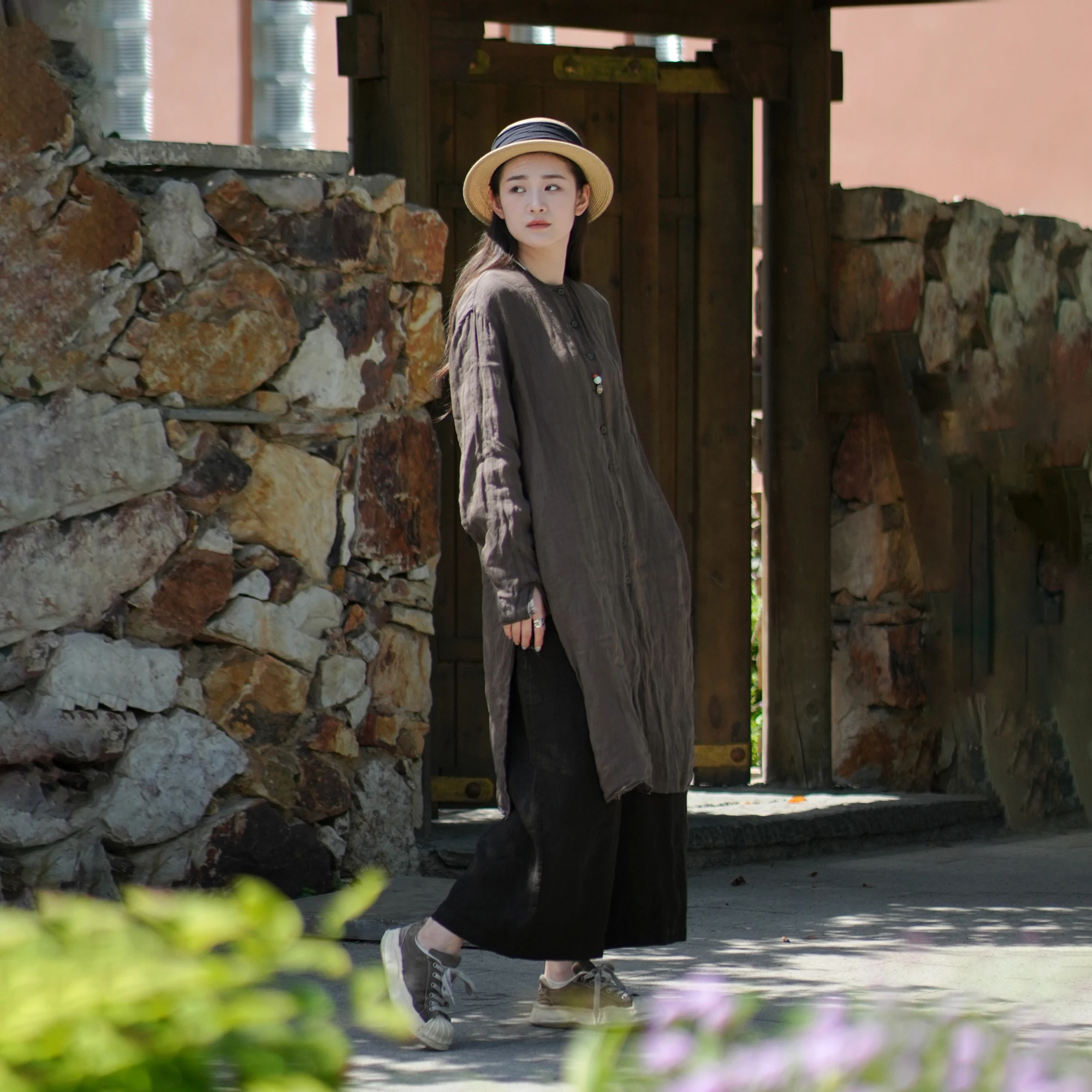 

mat Yellow Linen High Slit Open Cardigan Outer Gown Original Design Long Sve round Ne Mid-Length Pure Color Women...