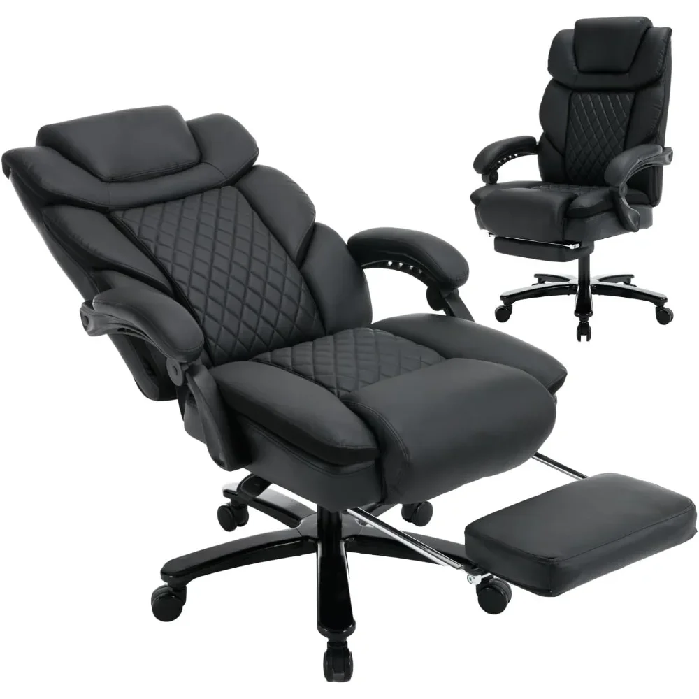 Cadeiras de escritório reclináveis grandes e altas de 450 libras com apoio para os pés Cadeira executiva gerencial ergonômica de couro PU, tamanho grande preto