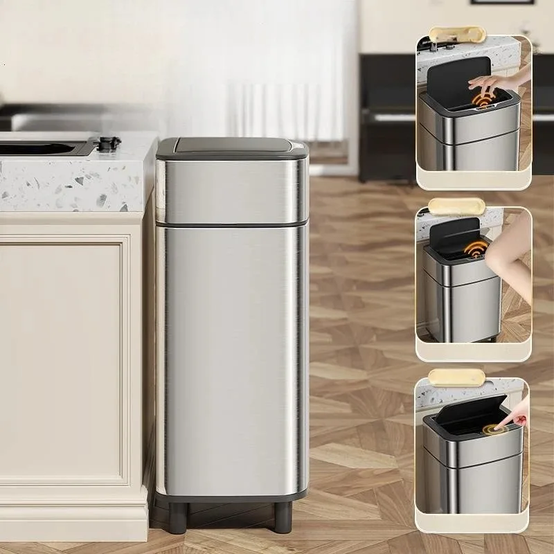 Household Smart Waste Bins Automatic Open Lid Kitchen Trash Can Bedroom Smart Stainless Steel Trash Can Home Cleaning Organizer