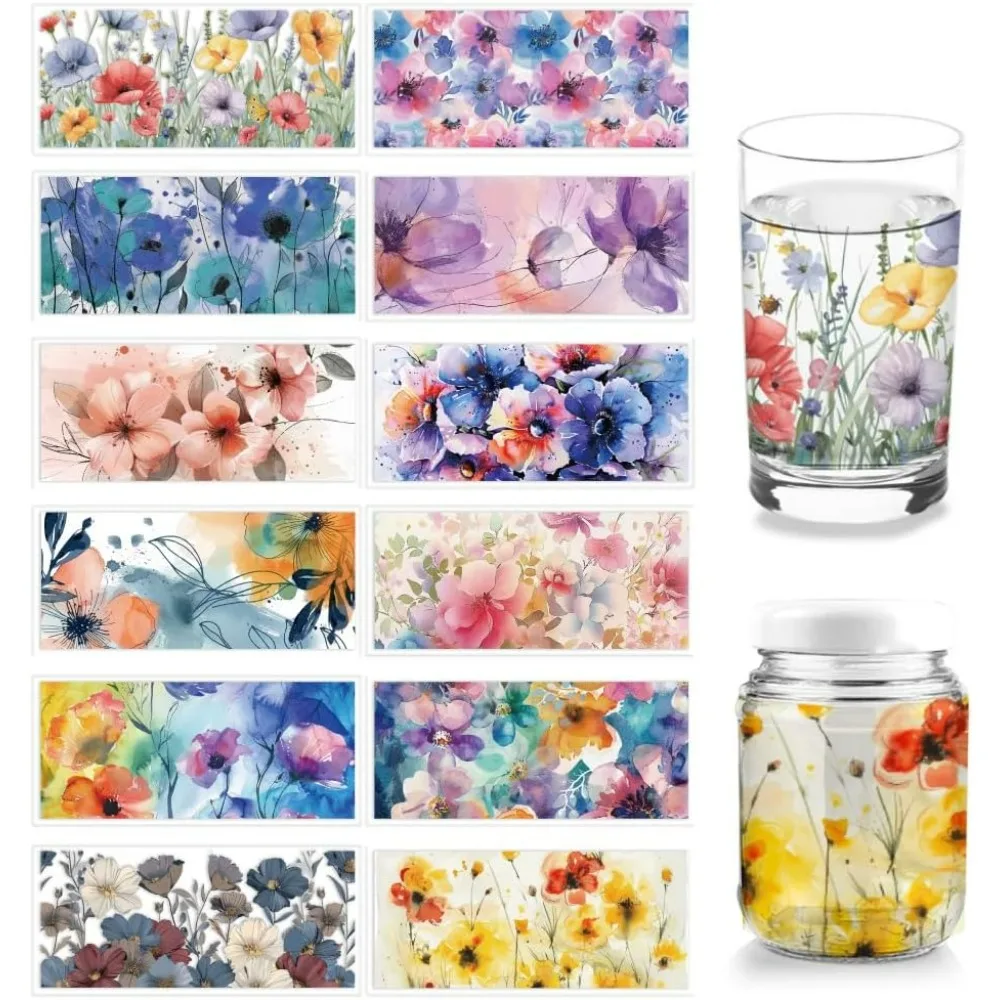 12 Blatt UV DTF Cup Wrap Transferaufkleber 12 Stile 9,45 x 4,33 Zoll Aquarellblumen Rub on Transfers Aufkleber für 16 Unzen