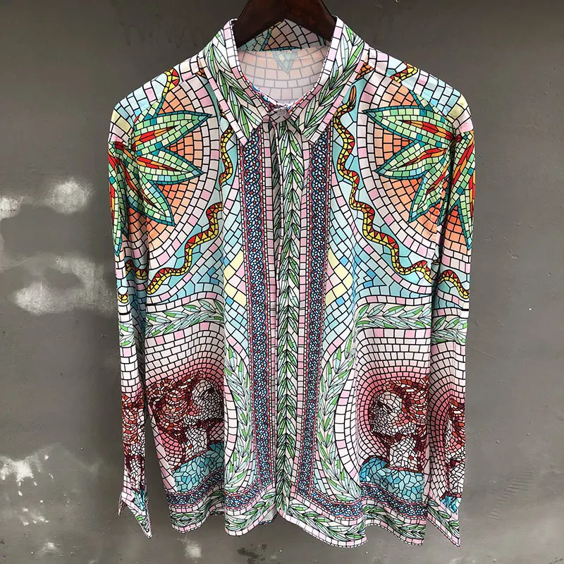 

2023 Colorful All Over Print Geometric Pattern Long Sleeves Men Tops Hawaiian Beach Shirts Streetwear Shirt Streetwear Hip Hop