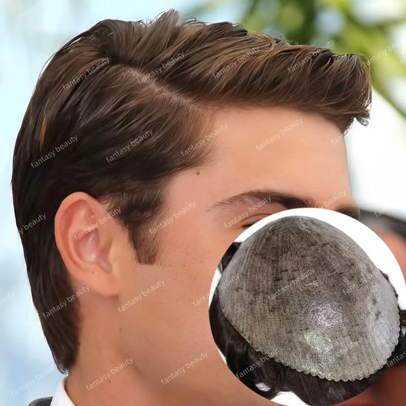 

Natural Brown Gray Black Male Hair Prosthesis Wig Durable thin Skin Hair Prosthesis 0.1mm pu Indian Human Hair Toupee for Men